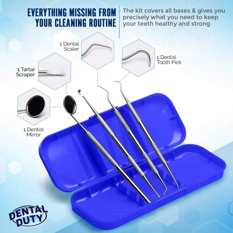 Professional Dental Instrument Set – User-Friendly Stainless Steel Dental Tools – Teeth Cleaning Kit Includes Plaque Remover for Teeth, Tooth Pick Tool, Dental Scaler & Dental Mirror – Blue