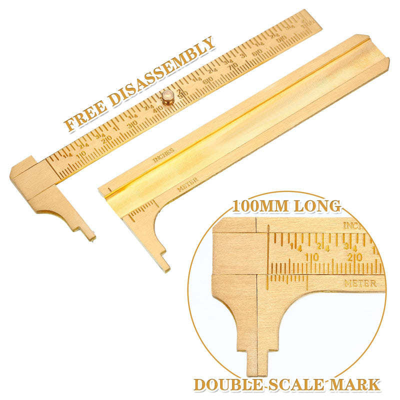 2 Pieces 4 Inch Brass Vernier Caliper Pocket Caliper Handy Caliper Measuring Tool Double Scale Sliding Gauge Mini Metal Pocket Ruler for Bead Wire Jewels Rings Measurement