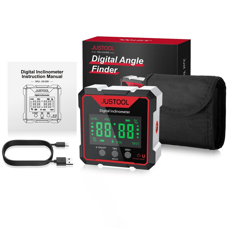 JUSTOOL Digital LCD Protractor Inclinometer Inclinometer Laser Angle Measuring Device Spirit Level IP54 Waterproof Level Box 4-Sided Magnetic Leveling Box Bevel Box with Type-C Charging Cable