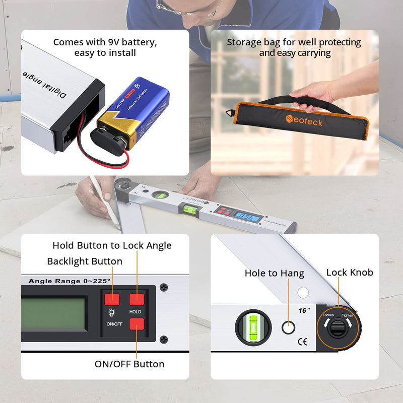 Neoteck Digital Protractor 400mm with LCD Spirit Level 0-225° Digital Inclinometer Angle Measuring Device for Vertical Horizontal Double Spirit Level Silver