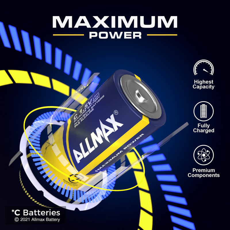 Allmax C Maximum Power Alkaline Batteries (6 Count) – Ultra Long-Lasting C Cell Battery, 7-Year Shelf Life, Leak-Proof, Device Compatible – Powered by EnergyCircle Technology (1.5 Volt) C Batteries 6 Count (Pack of 1)
