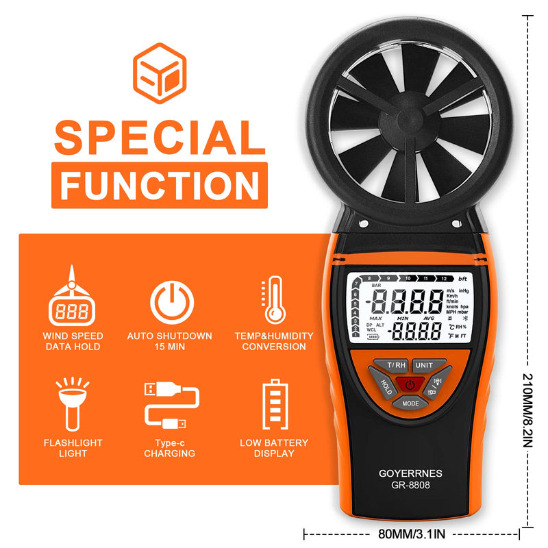 Handheld Wind Meter Digital Anemometer 0.3~30m/s Wind Speed Meter, GR-8808, Temperature for Navigation, Sailing Competition, Various Fan Manufacturing Industries, Data Storage