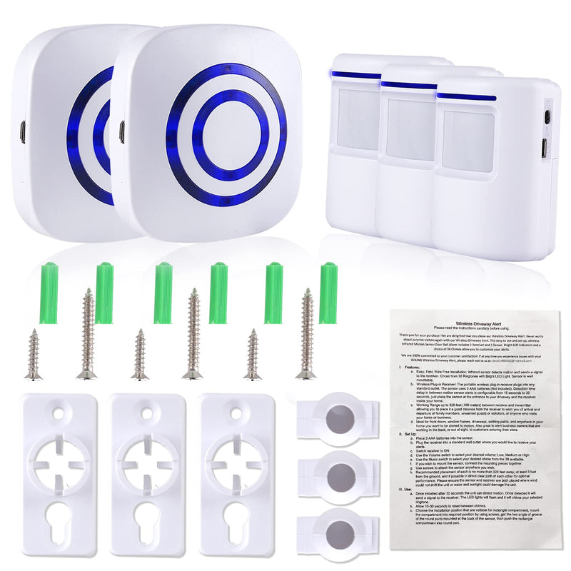 Motion Sensor Alarm - Seanme Wireless Driveway Alarm 100m Long Distance Signal Transmission, Home Security Alarm System Motion Sensor Doorbell with 38 Chime Tunes, 4 Volume Levels 2 reciver and 3 sensor