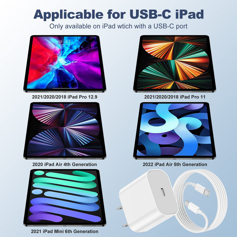 20W iPad Fast Charger USB C for iPad Pro 12.9,11 inch 2021/2020/2018, New iPad Air 5th/4th 10.9 inch 2022, Apple-iPad Mini 6 Gen 2021, PD Wall Charging Block with 3Ft USB C to C Charging Cable（2pack） 2Pack3Ft White 2