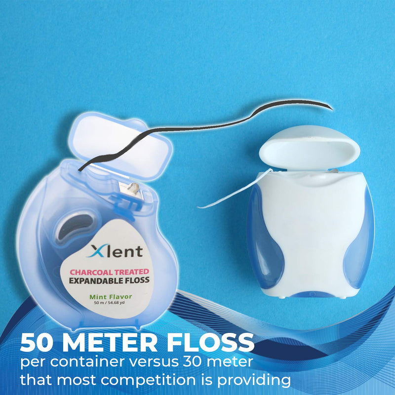 Expandable Floss Treated with Activated Charcoal with Xylitol and Natural Plant Based Wax |Fresh Mint Flavor | 50 Meter (4 Count) 4 Count (Pack of 1)