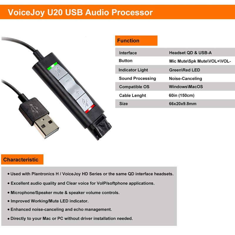 QD(Quick Disconnect) Connector to USB Adapter Cable with Volume Adjuster, Mute for Speaker and Microphone Separately Compatible with Any Plantronics and VoiceJoy Headset QD Plug U20 USB Adapter