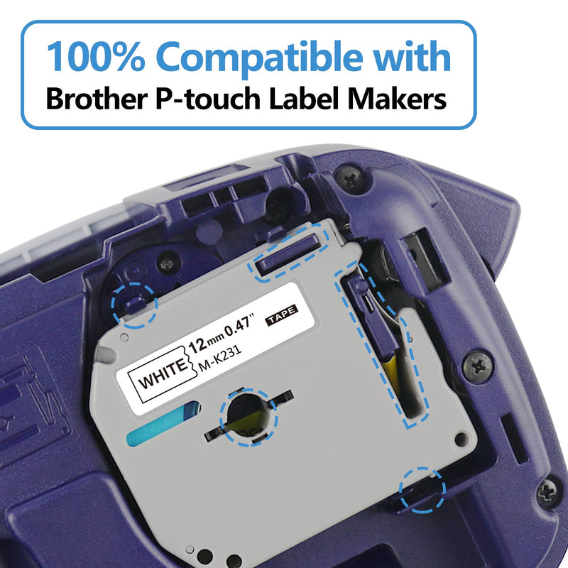 Compatible Label Tape Replacement for Brother Ptouch M Tape M231 MK 131 431 631 731 Label Tape, Ptouch Tape 12mm 0.47 for PT-45 PT-65 PT-90 PT-M95 PT-70BM Label Maker, 5 Pack