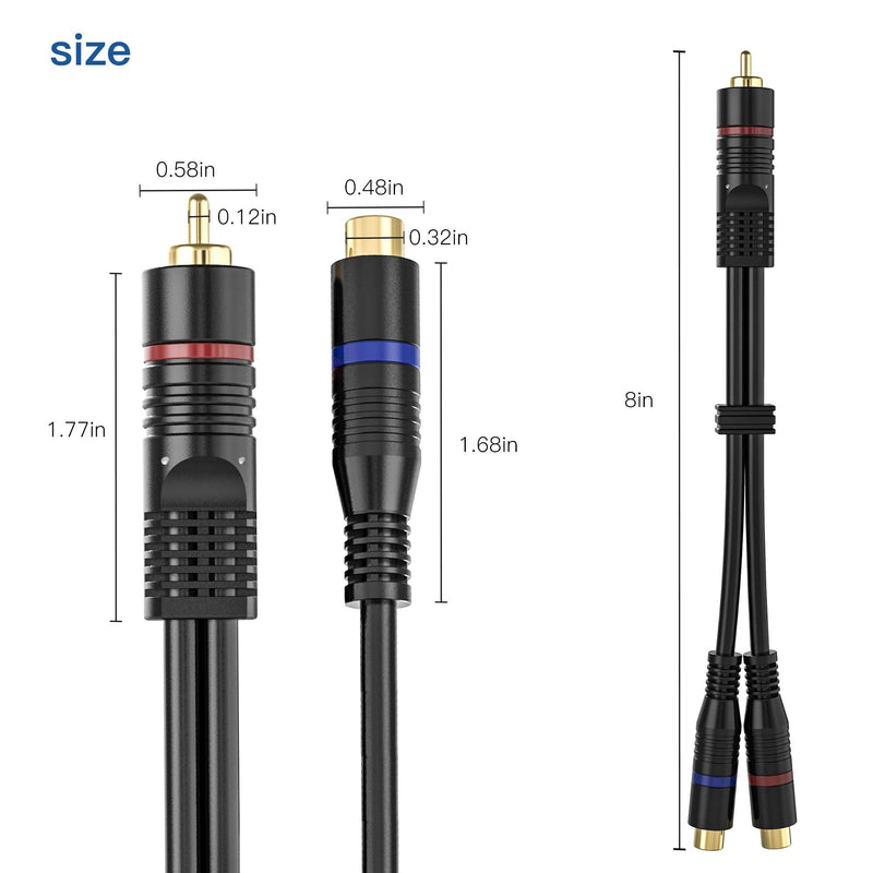 RCA Splitter, 2 Pack RCA Male to Dual RCA Female Y Splitter Cable Stereo to Mono Adapter, 8 Inches Gold Plated Audio Cable Cord RFAdapter for Subwoofer Speaker