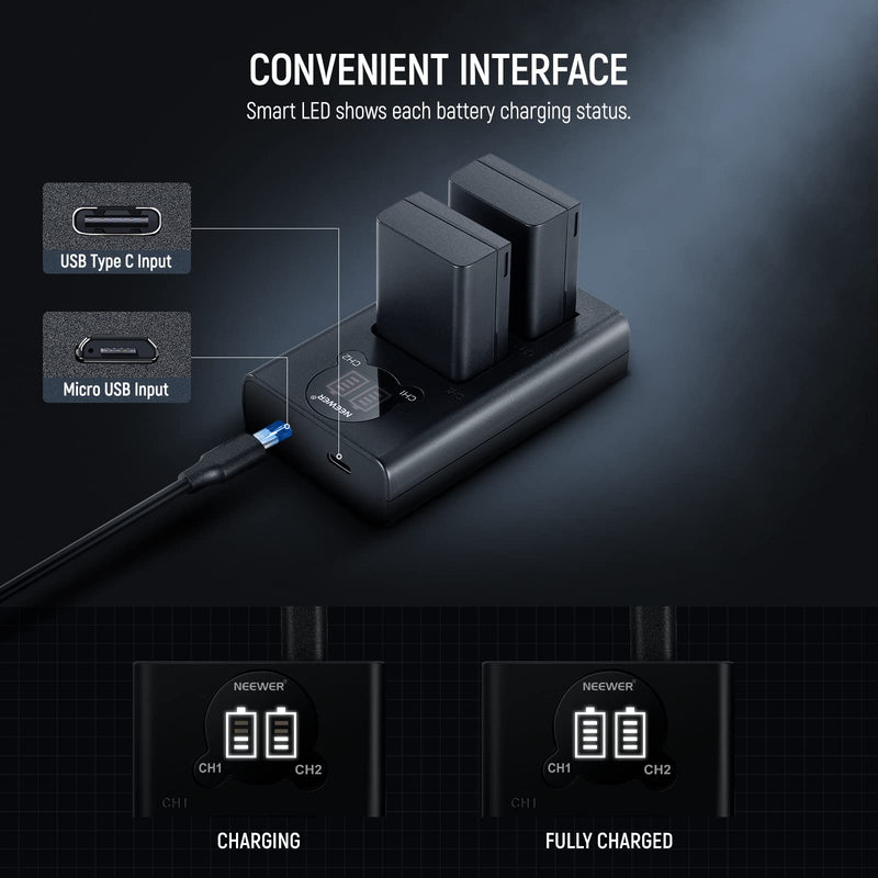 NEEWER EN-EL25 Replacement Battery and USB Charger Set, 2 Pack 1350mah Batteries and Dual Channel Type C USB Charger, Compatible with Nikon Z30 Z50 ZFC Camera 4241 EN-EL25 Battery MH-32 Charger