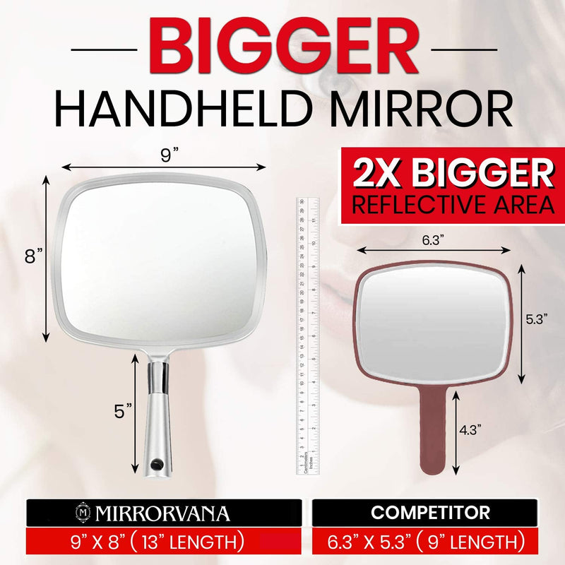 Mirrorvana Large Hand Held Mirror with Comfy Handle - Professional Salon Handheld Mirror in Silver - 9" x 13" 1-Pack