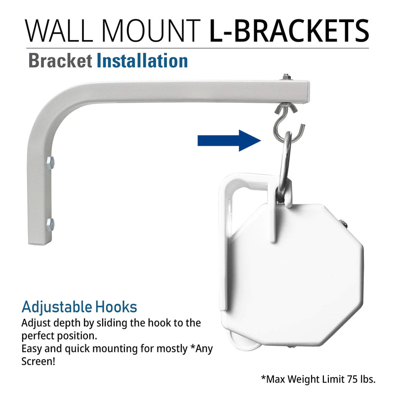 Akia Screens 10 inch Universal Projector Screen L-Bracket Wall Hanging Mount kit 10" Adjustable Extension with Hook, for Projector Screen Indoor Outdoor Movie Video Home Theater, White Bracket AK-ZLB