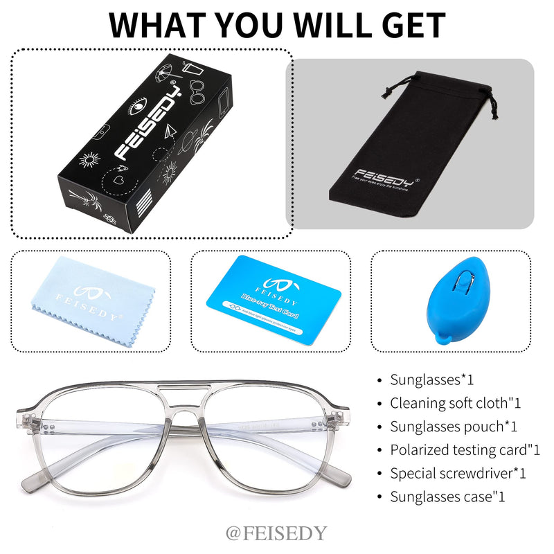 FEISEDY 70s Pilot Glasses Frame Blue Light Blocking Glasses Oversized Square Computer Glasses Women Men B2387 Clear Grey Frame 54 Millimeters