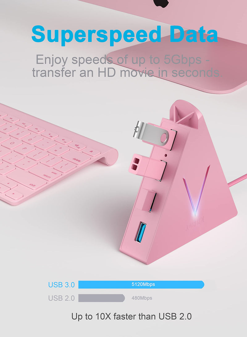 JoyReken 4-Port USB 3.0 Hub, FlyingVHUB Vertical Data USB Hub with 2 ft Extended Cable, for Mac, PC, Xbox One, PS4, PS5, iMac, Surface Pro, XPS, Laptop, Desktop, Flash Drive, Mobile HDD(Pink) Pink