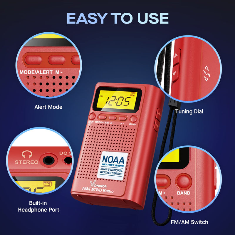 NOAA Weather Radio - Emergency Digital Radio WB/AM/FM - Alert Mode - Portable Radio with Best Reception and Longest Lasting Transistor. Powered by 2 AAA Battery with Mono Headphone Socket, by Vondior 0