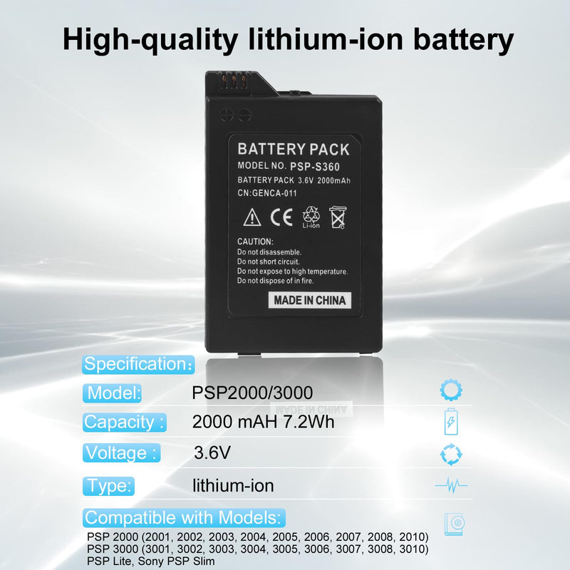 JUBOTY 2000mAh 3.6V Lithium Ion Polymer Internal New Upgrade 0 Cycle High Capacity Battery Rechargeable Battery Pack Replacement for Sony PSP 2000/3000 PSP-S110 Console