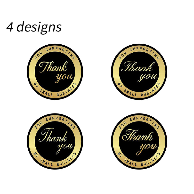 Mercei Thank You Stickers with Black Background and Wide Matte Gold-foil Ring; 4 Elegant Handwriting Font Designs; 500 pcs Classic Round Adhesive Labels per Roll; Wide for Personal and Business Use Black+matte Gold