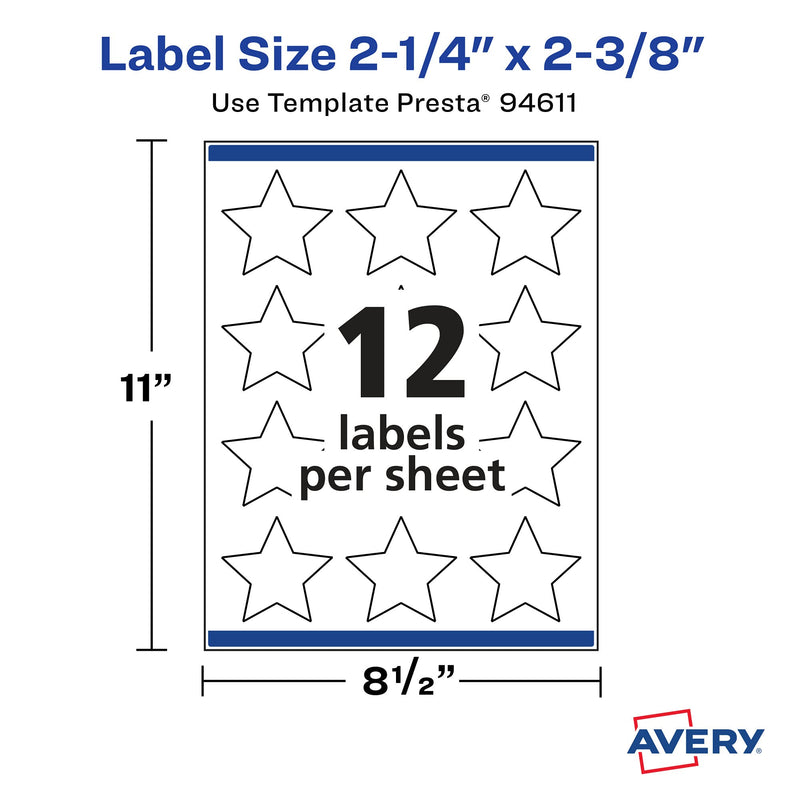 Avery Matte White Star Labels with Sure Feed, 2-1/4" x 2-3/8", 300 Matte White Printable Labels 300 Labels