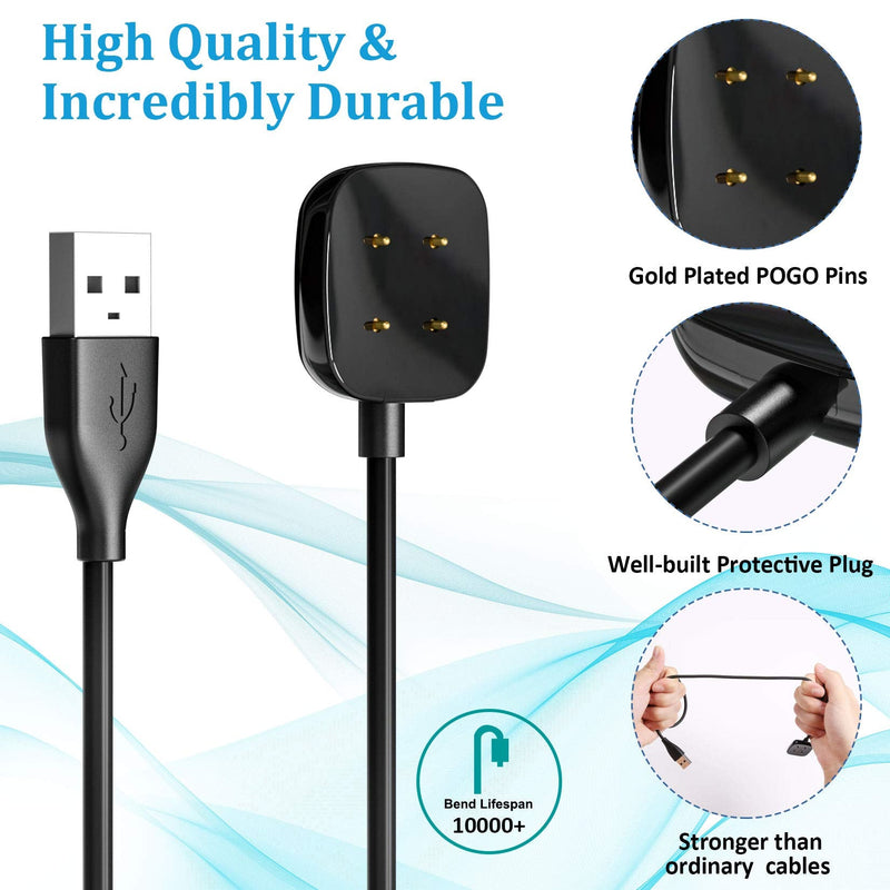 Maledan Compatible with Fitbit Sense & Versa 3 Charger Replacement USB Charging Cable Dock Stand for Sense Smartwatch, 2 Pack 3.3Ft Durable Portable Charger Dock Power Cable Cord, Black/Black