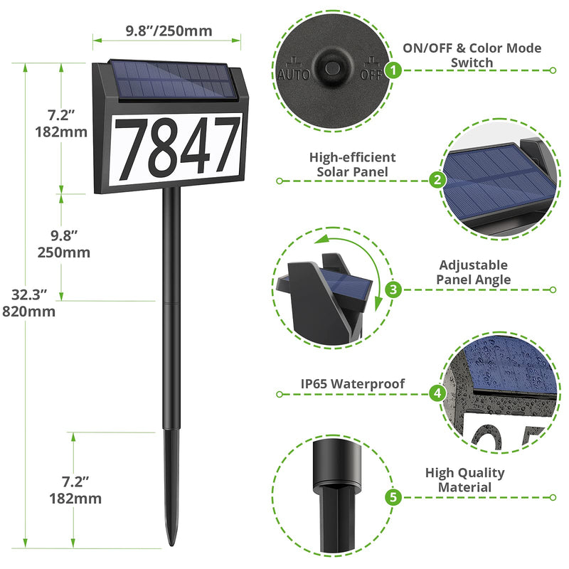 Solar Address Sign Lighted House Numbers Waterproof, Solar Powered LED Illuminated Address Plaques with Stakes, 3-Color in 1 Outdoor Address Number for Home Street Yard Driveway
