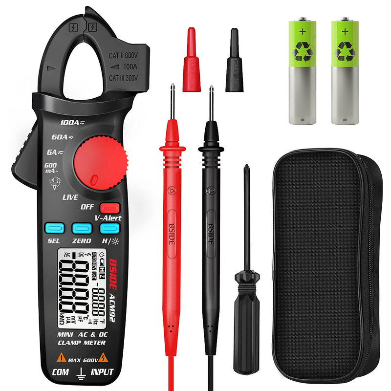 DC Current Clamp Meter 6000 Counts Auto-Ranging Digital Ammeter Amp Ohm Hz Live Check V-Alert Voltage Tester with Back Clip ACM92
