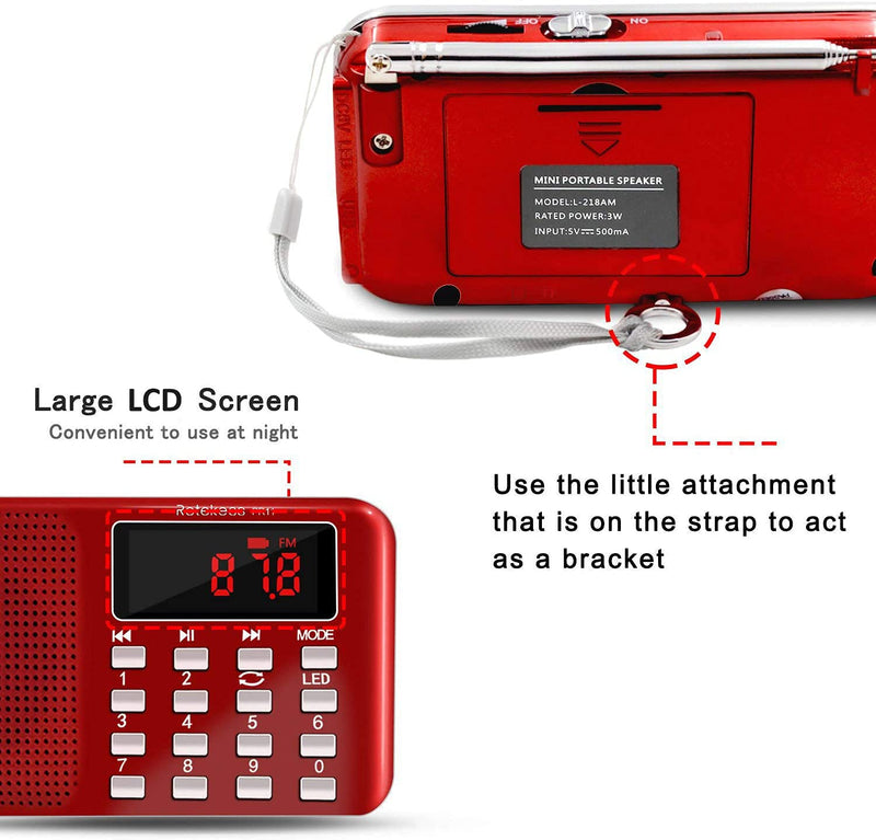 Retekess PR11 AM FM Radio Portable, Rechargeable Radio Digital Tuning, MP3 Music Player Speaker Support TF, AUX, USB Port, Ideal for Outdoor (Red) Red