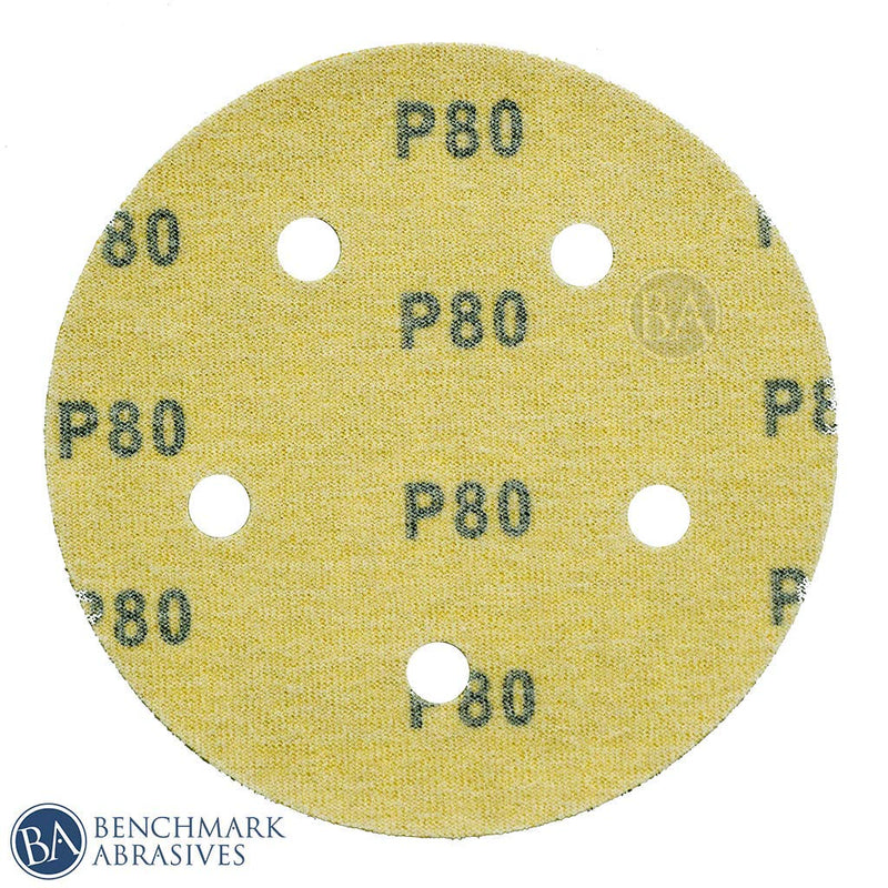 Benchmark Abrasives 5" Stearated Gold 5-Holes Hook and Loop Discs with Precision Finishing - 50 Pack (320 Grit) 320 Grit