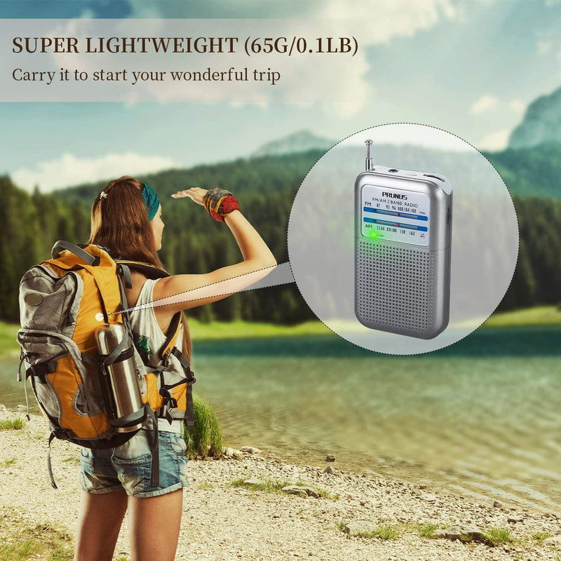 PRUNUS Pocket Radios Portable AM FM Small Walkman Radio with Best Reception, 2 AAA Battery Operated Transistor Radio with Headphone Jack & Speaker for Walk/Jogging/Gym/Camping Silver