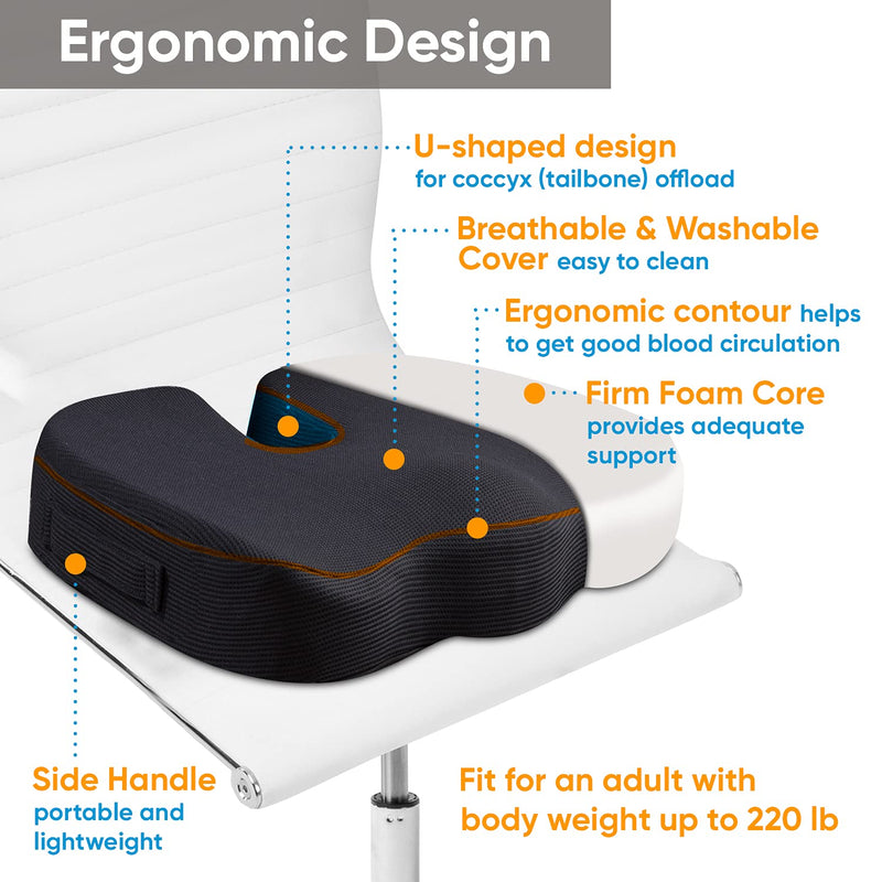 Seat Cushion Pillow for Office Chair - Memory Foam Firm Coccyx Pad - Tailbone, Sciatica, Lower Back Pain Relief - Contoured Posture Corrector for Car, Wheelchair, Computer and Desk Chair Black 1