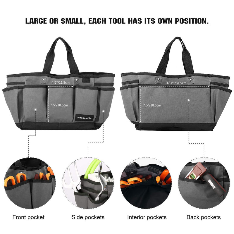 Housolution Gardening Tote Bag, Deluxe Garden Tool Storage Bag and Home Organizer with Pockets, Wear-Resistant & Reusable, 14 Inch, Gray + Black Gray & Black