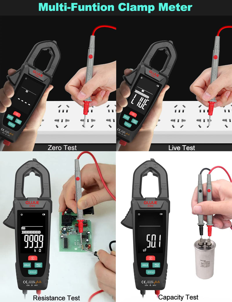 QLUUE Clamp Meter 9999 Counts, Multimeter Measures AC Current, AC/DC Voltage, Temperature, Capacitance, Resistance, Diodes, and Continuity, Voltage Tester with NCV, Auto-ranging, and Carrying Case