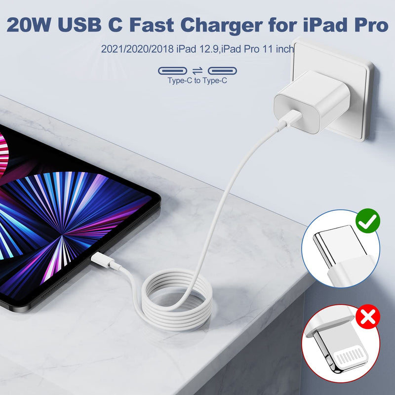 20W iPad Fast Charger USB C for iPad Pro 12.9,11 inch 2021/2020/2018, New iPad Air 5th/4th 10.9 inch 2022, Apple-iPad Mini 6 Gen 2021, PD Wall Charging Block with 10Ft USB C to C Charging Cable（2pack） 2Pack10Ft White 2