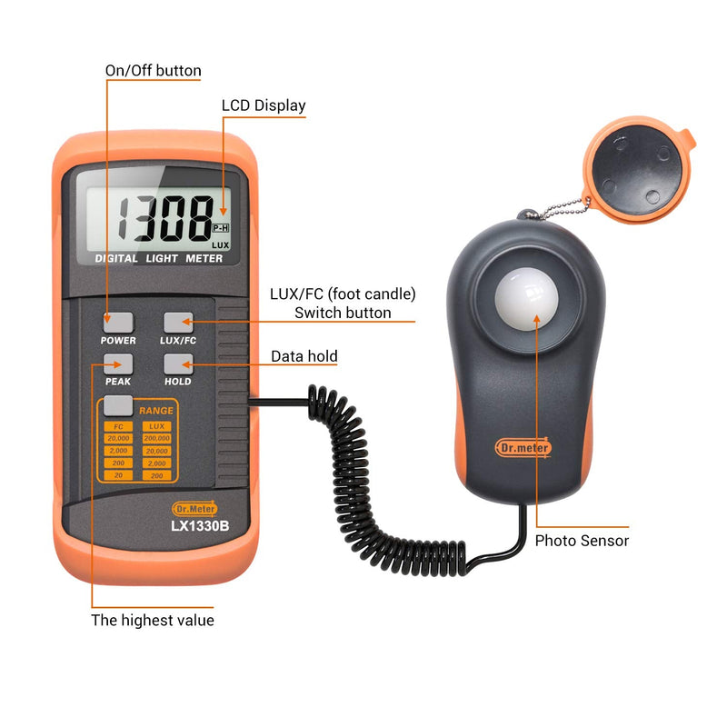 Dr.meter LX1330B Digital Illuminance Light Meter, 0-200,000 Measurement Range Lux Meter