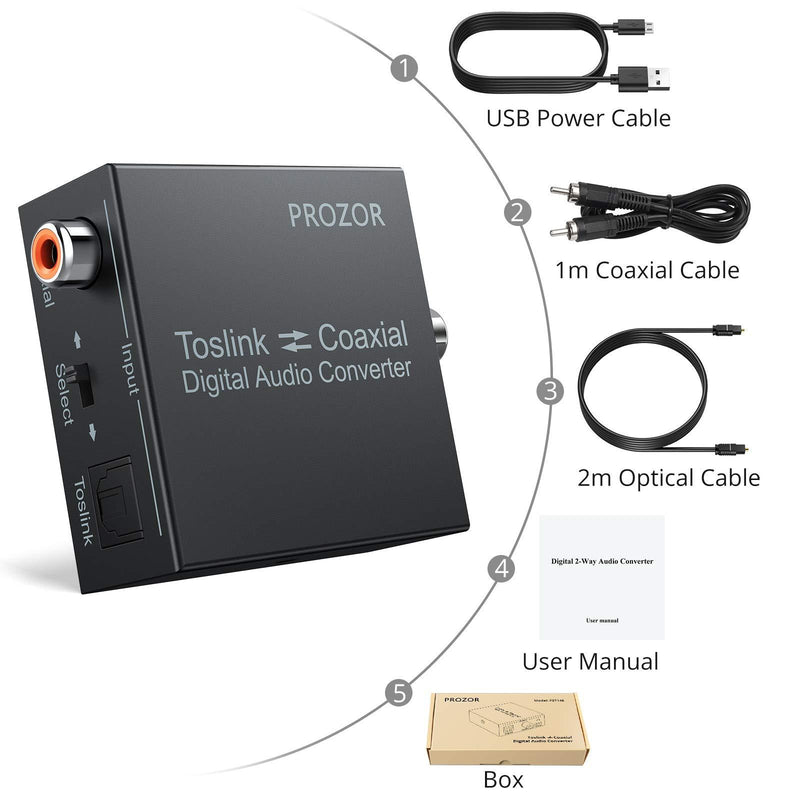 PROZOR 192K Bi-Directional Coaxial Optical Converter, Optical SPDIF Toslink to Coaxial, or Coaxial to Optical SPDIF Toslink, Support DTS/Dolby-AC3, Bi-derectional Digital Splitter with Optical Cable
