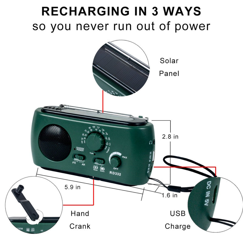 Emergency Radio with Solar and Crank Charger, 3 LED Flashlight Battery and USB Recharging FM/AM Radio 500mAh Power Bank Mobile Phone Charger for Recreational Camping Hiking Survival (Green)