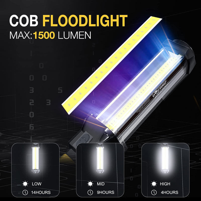 WARSUN LED Work Light Rechargeable Work Light Portable Flashlight Magnetic 1500 Lumens COB Work Lights Handheld Worklight Outdoors Car Inspection Light with Hook for Car Repair Machine Emergency