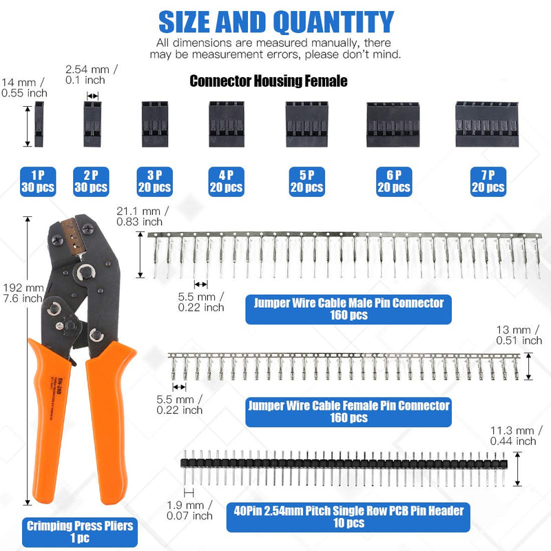 Glarks 486Pcs Wire Crimper Plier with Connector Set, SN-28B Ratchet Crimping Tool with 485Pcs 2.54mm 1 2 3 4 5 6 7 Pin Housing Connector Male Female Pin Header Crimp Connector for AWG28-18 Dupont Pins