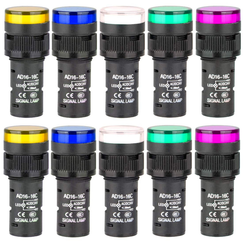 Gebildet Pack of 10 16 mm Indicator Light 12-24 VDC LED Flush Panel Mount (Red/Green/Blue/Orange/White, Each Color 2 Pieces)