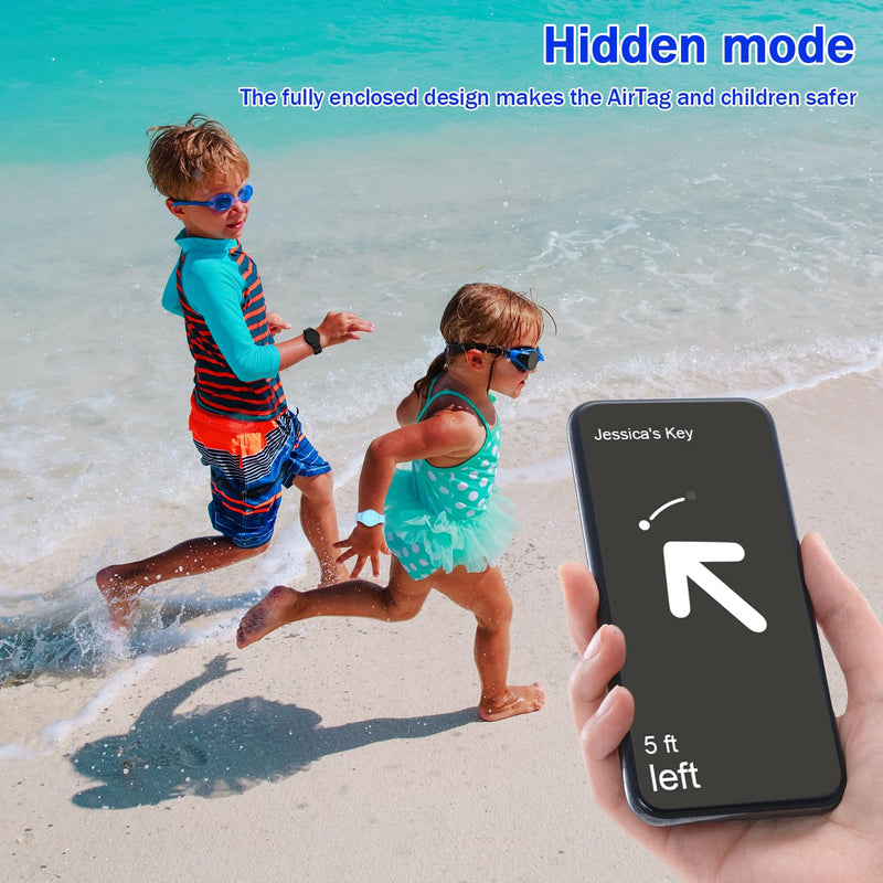 R-fun Waterproof Air Tag Bracelets for Kids [2 Pack] Compatible with Apple Air Tag Tracker with Soft Silicone,Anti Lost GPS Trackers Case Cover for Kids,Black/Glow Blue Black/Glow Blue