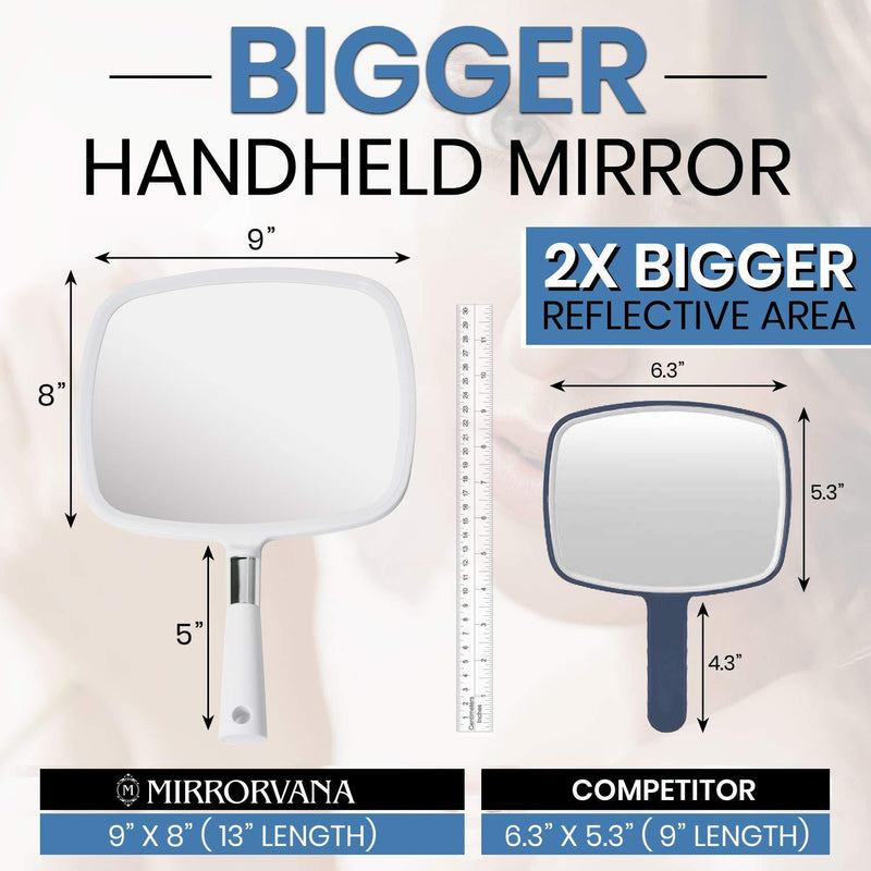 Mirrorvana Large & Comfy Hand Held Mirror with Handle - Professional Salon Model in White (1-Pack)