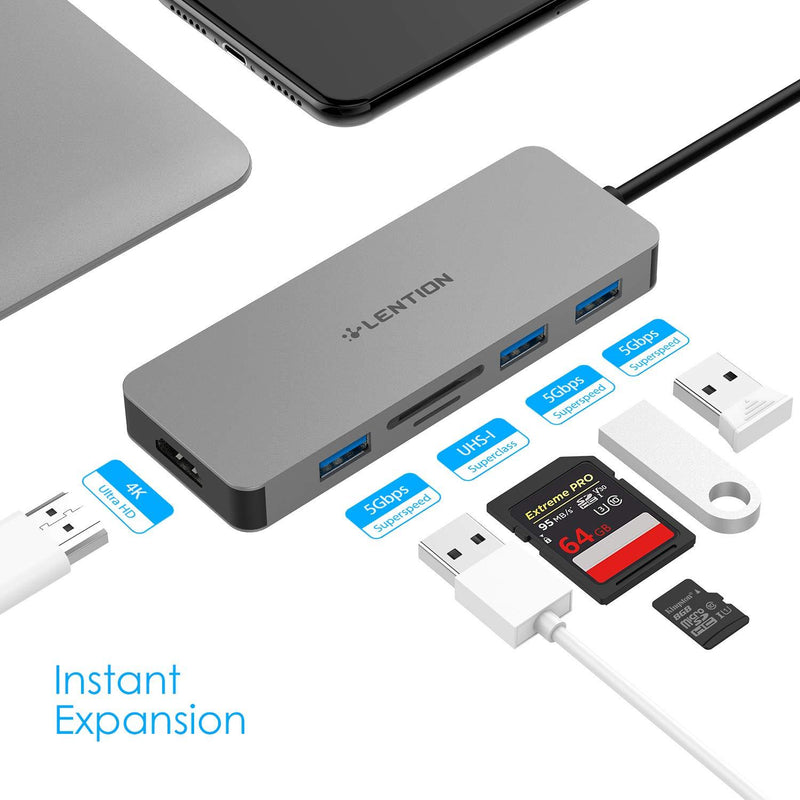 LENTION USB C Hub with 4K HDMI, 3 USB 3.0, SD/Micro SD Card Reader Compatible 2021-2016 MacBook Pro 13/15/16, New Mac Air/Surface, Stable Driver Certified Multi-Port Adapter (CB-C18, Space Gray)