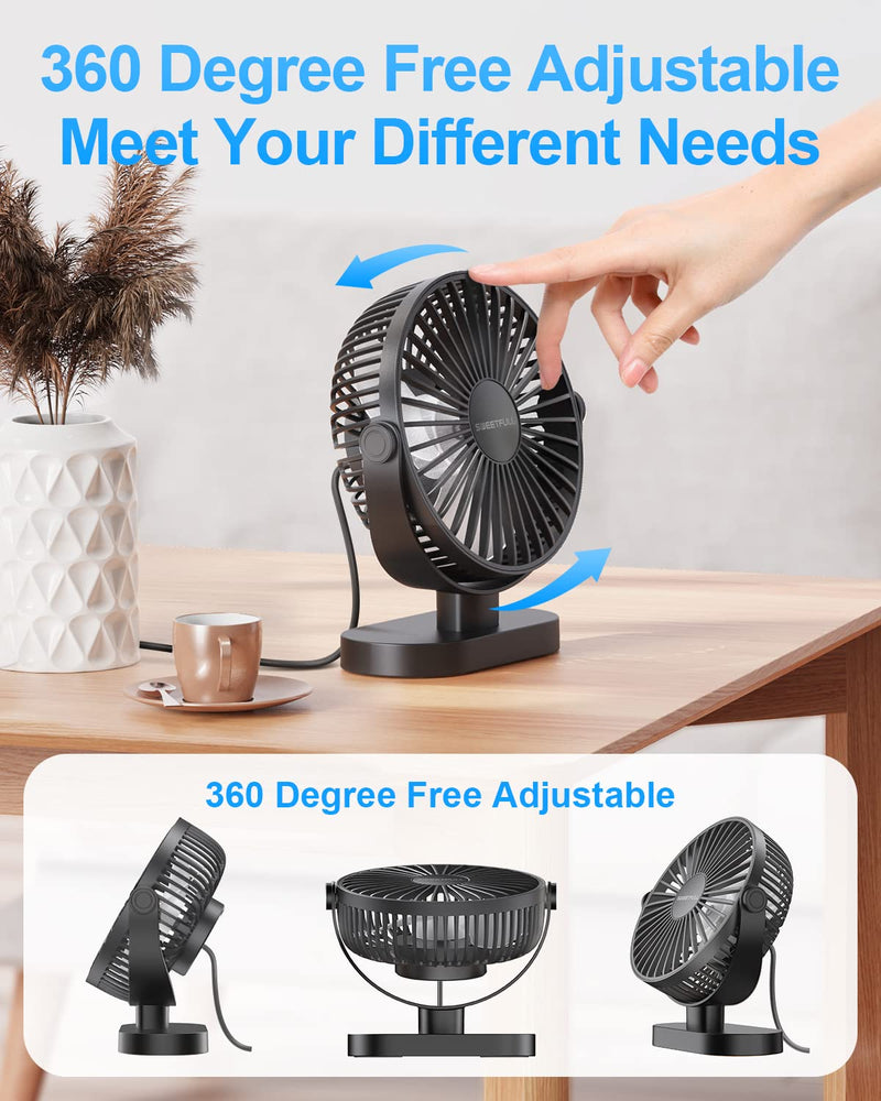 SWEETFULL 6.4 Inch USB Small Desk Fan, 3 Speeds Quiet Portable Desktop Table Fan, 360Â° Adjustment Personal Mini Fan for Home Office Car Outdoor Travel (all black) all black