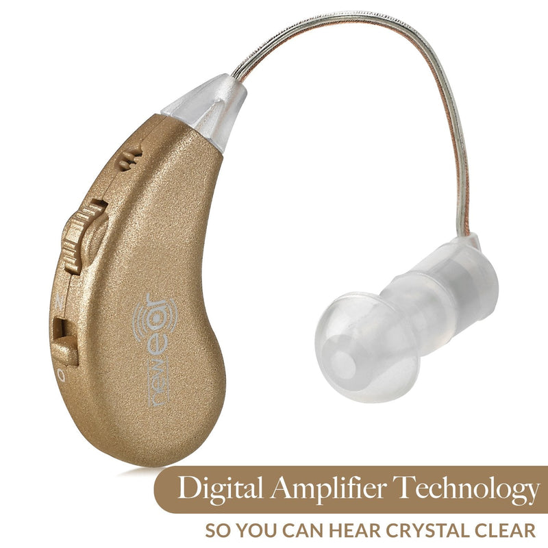 Digital Hearing Amplifiers - Rechargeable BTE Personal Sound Amplifier Pair with USB Dock - Premium Gold Behind The Ear Sound Amplification - by NewEar