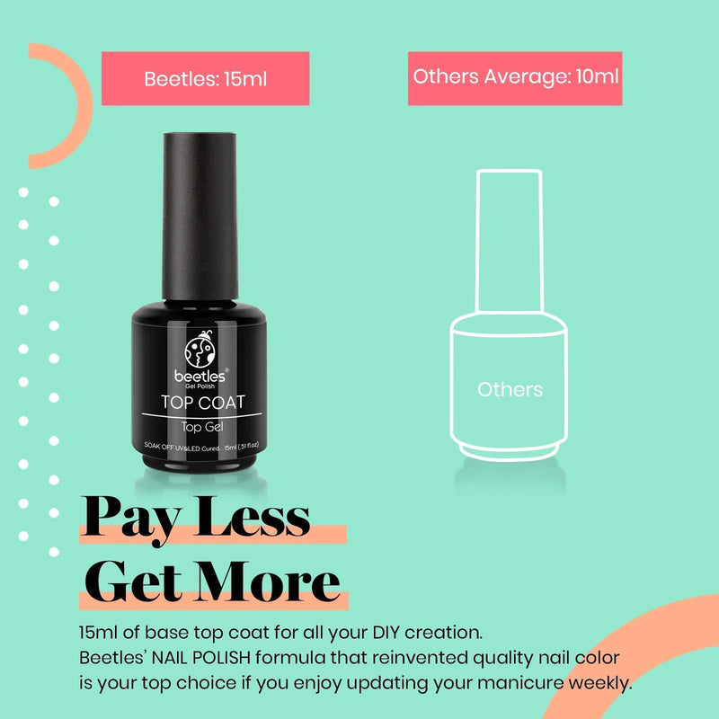 Beetles 2 Pcs 15ml No Wipe Gel Top Coat and Base Coat Set - Shine Finish and Long Lasting, Soak Off LED Gel Base Top Coat Glossy Shine Finish