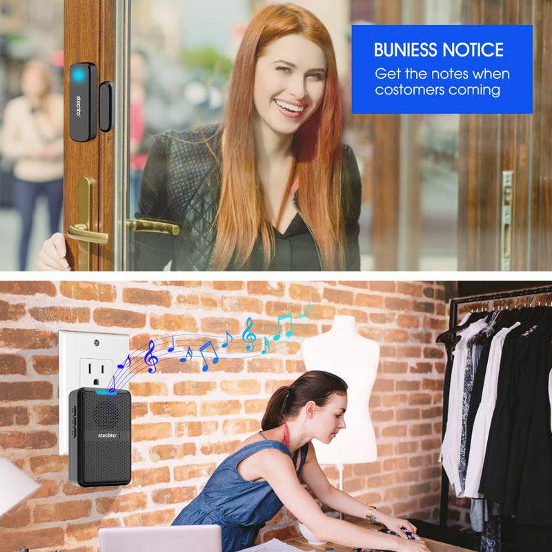 Wireless Door Chime, 600ft Range 2 Magnetic Door Alarm Sensor 1 DoorBell Plugin Receiver set with 62 Tunes 5 adjustable Volumns for Business/Home/Office/Stores,STECHRO (1 Receiver+2 Sensor) 1 Receiver+2 Sensor