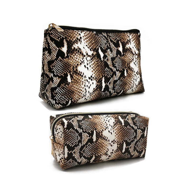 2 Pack Makeup Bag Organizer Set Portable Large Cosmetic Pouch Travel Brush Holder PU Handbag with Gold Zipper Pencil Storage Case for Women Purse,Snake Skin Snake skin