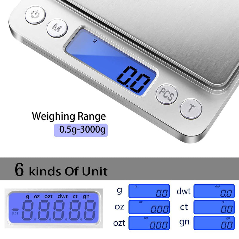 Fuzion Digital Kitchen Scale 3000g/ 0.1g, Pocket Food Scale 6 Units Conversion, Gram Scale with 2 Trays, LCD, Tare Function, Jewelry Scale for Jewlery, Food, Cooking, Nutritions(Battery Included)