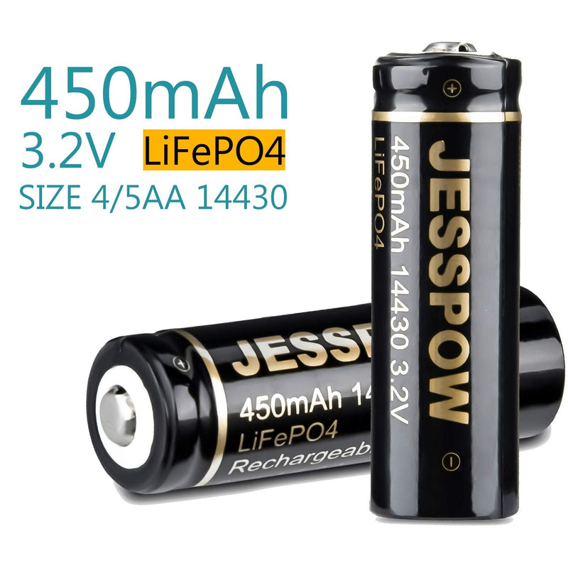 14430 Battery, JESSPOW 14430 3.2V 450mAh LiFePo4 Rechargeable Solar Batteries for for Solar Panel Outdoor Garden Lights, Solar Panel Light, Tooth Brush, Shaver, Flashlight (4 Pack) 4 Pack