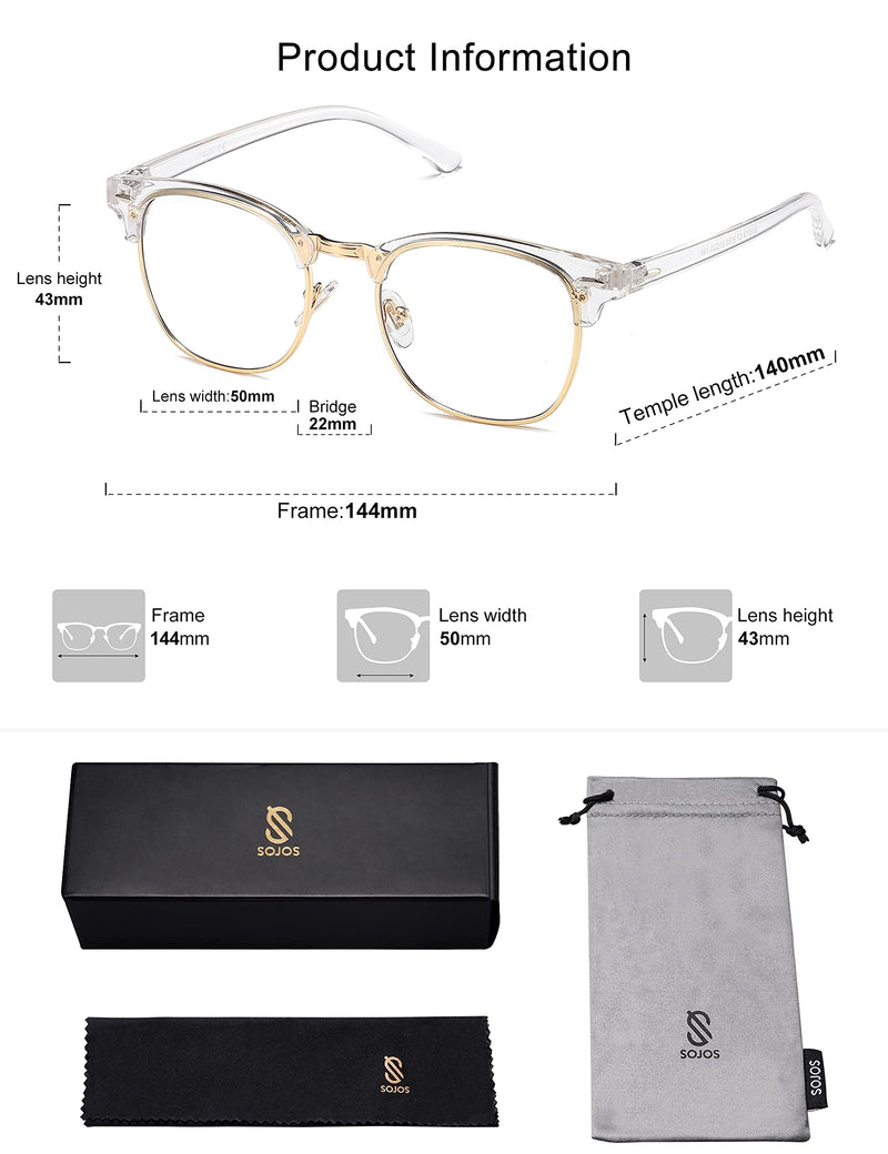 SOJOS Retro Semi Rimless Blue Light Blocking Glasses Half Horn Rimmed Eyeglasses SJ5018 Clear Frame/Gold Rim