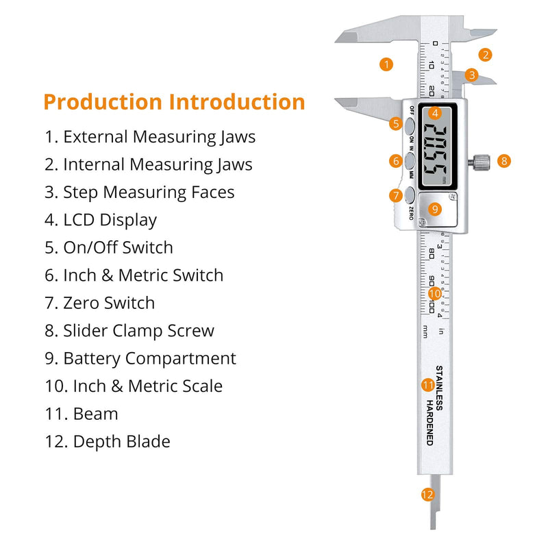 Neoteck 4 inch/100mm Digital Caliper, Stainless Steel Electronic Calipers Measuring Tool inch/mm Conversion, Large LCD Screen
