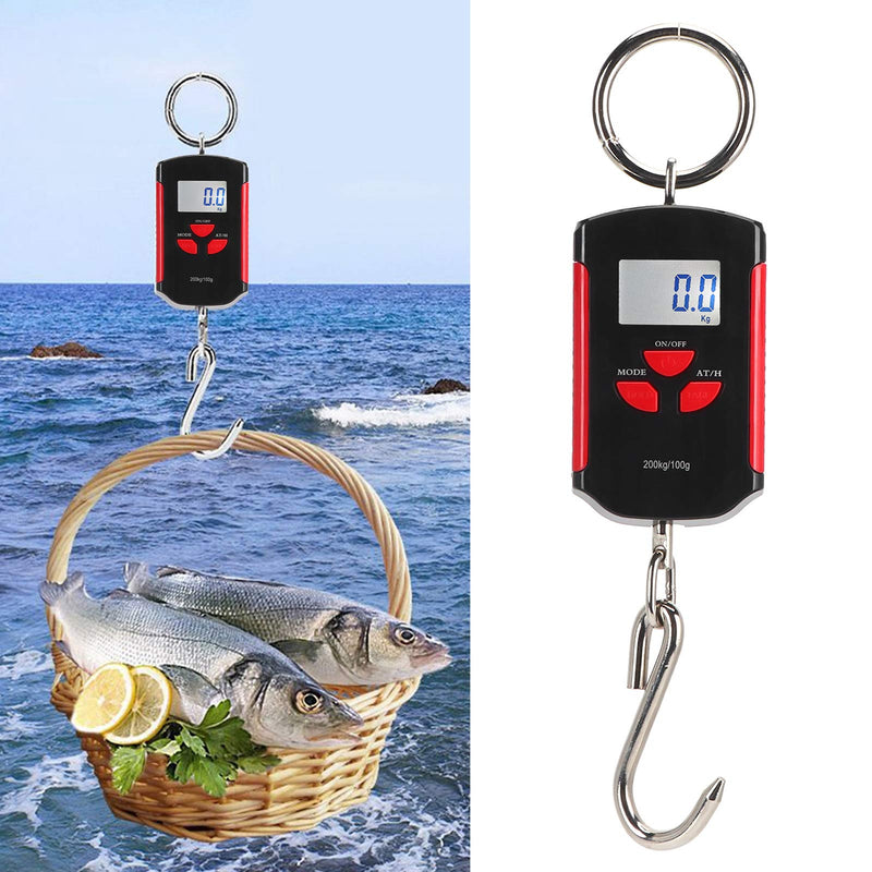 Electronic Scale with Hook, 200kg Portable Digital LCD Display with Backlight kg/lb/jin Crane Scale, Durable Multi-Purpose Electronic Scale for Fish Hunting (Red Frame)